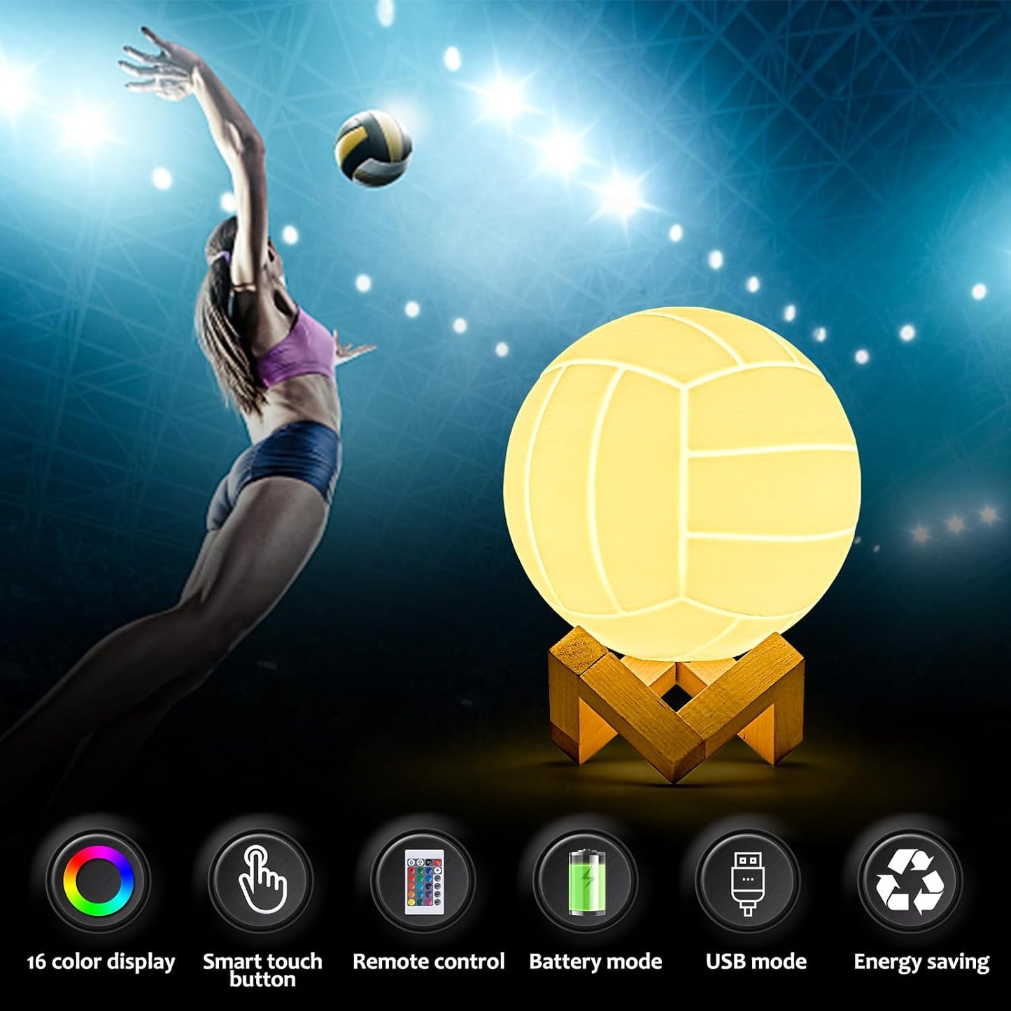 Mydhall 3D Night Light - 16 Color Volleyball Light Toy for Boys Room Birthday Gifts (4.7inches)