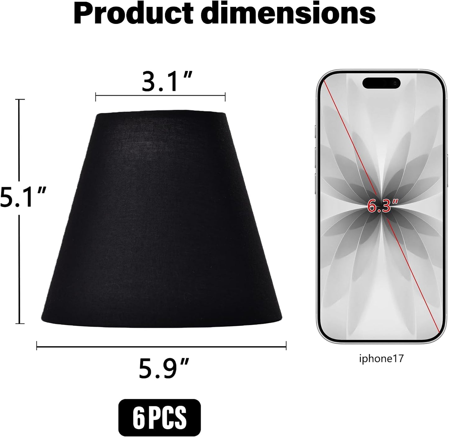 Black Empire Chandelier Shades Set of 6, Clip-On Shades for E12 Bulbs | 3.1" top x 5.9" bottom x 5.1" high fabric covers for chandeliers, wall sconces, and small table lamps