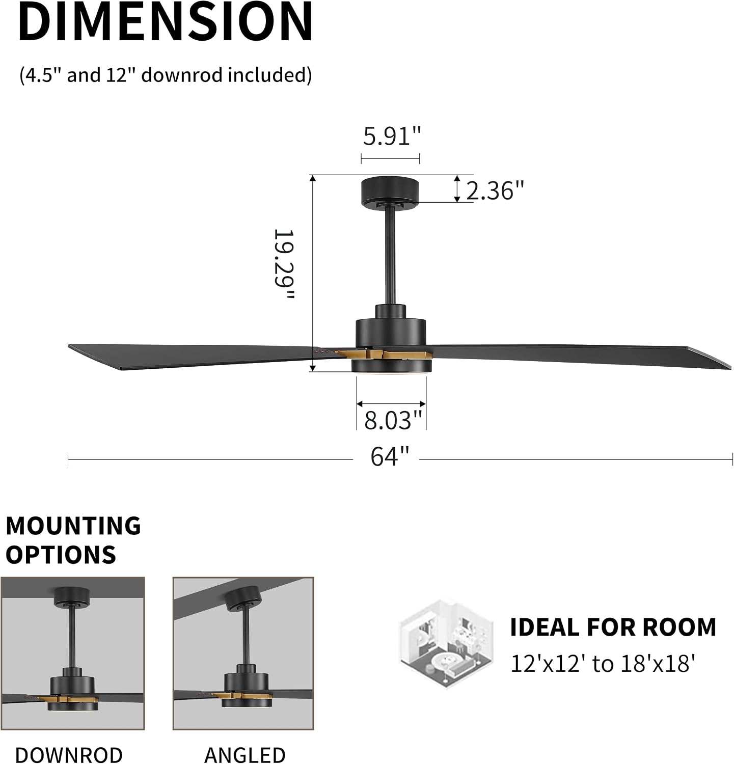 WINGBO 64 Inch Ceiling Fan with Light and Remote, 5 Plywood Blades, 6-Speed Reversible DC Motor, Dimmable, 3CCT, Modern Ceiling Fan for Bedroom Living Room Kitchen, Gold and Black