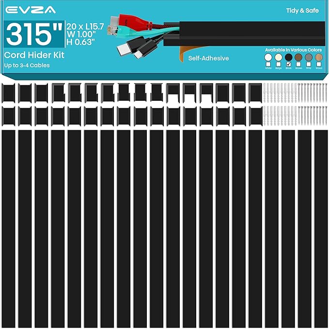 Black Cord Hider Cable Raceway - 315in Wire Cover by EVZA