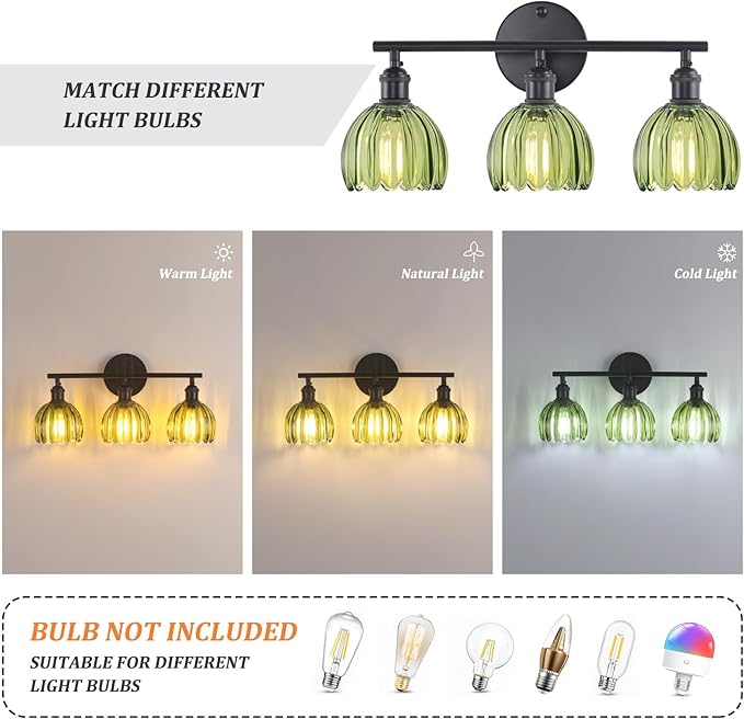 Shenmoyl Bathroom Light Fixtures, 3-Light Black Vanity Wall Light Over Mirror - Image 4