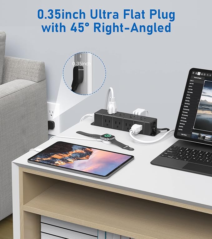 30W USB C Power Strip Surge Protector, Ultra Thin Flat Plug Power Strip 4 Side - Image 4