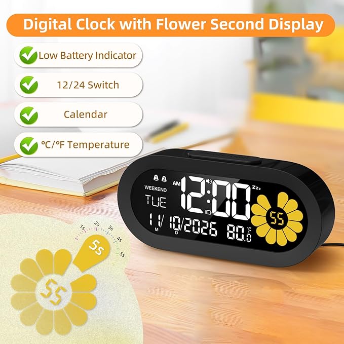 DOOMAY Digital Alarm Clock for Bedroom: Dual Alarm Bedside Clock VA LCD Display - Image 5