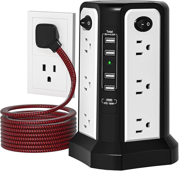 10FT Extension Cord with Multiple Outlets|PASSUS Surge Protector Power Strip by PASSUSSurgeProtectorTower