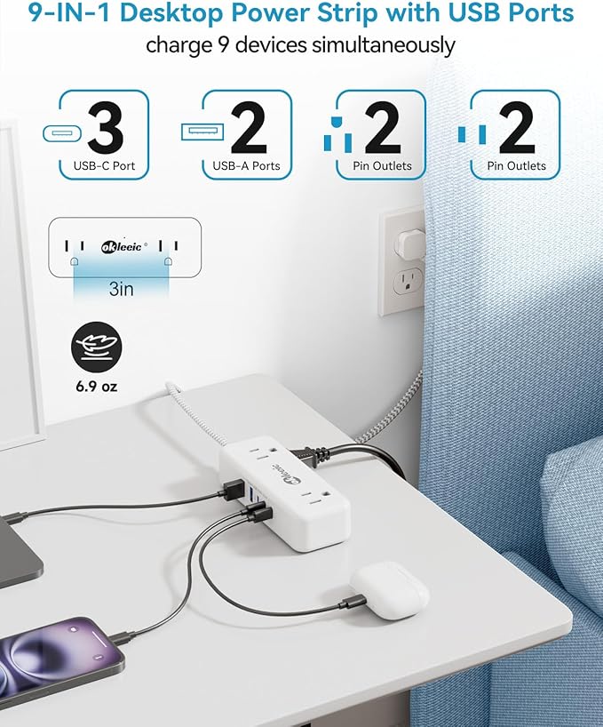 Power Strip with USB C, Small Extension Cord with 4 Outlets & 2 USB-A and 3 - Image 2