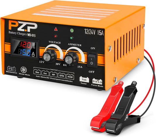12V 24V Manual Battery Charger Maintainer, 0 to 15A Arbitrarily Adjustable Car