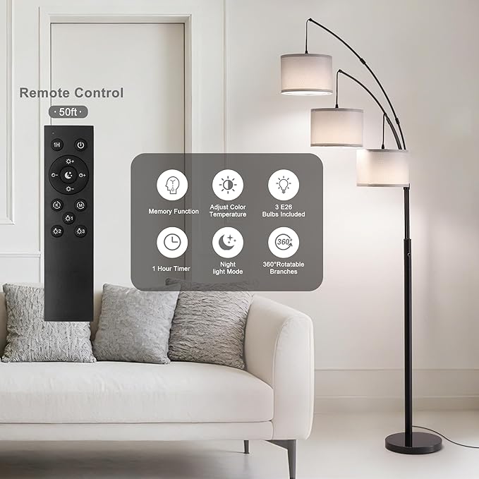 Fansdrick Floor lamp with Remote, 3 Light Arc Floor Lamps - Image 2