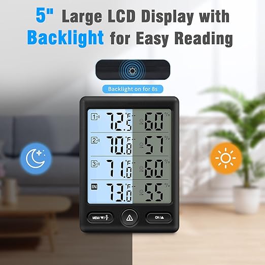 Geevon Indoor Outdoor Thermometer Wireless 3 Remote Sensors, 5-Inch Display - Image 2