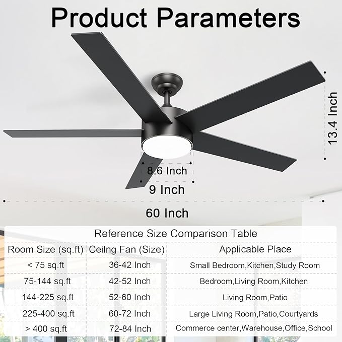 POCHFAN 60 Inch Black Ceiling Fans - Image 4