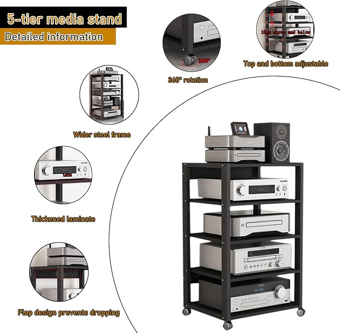 Dernoing 5 Tier Audio Rack Tower, CD Record Player Stereo Receiver AV Equipment - Image 3