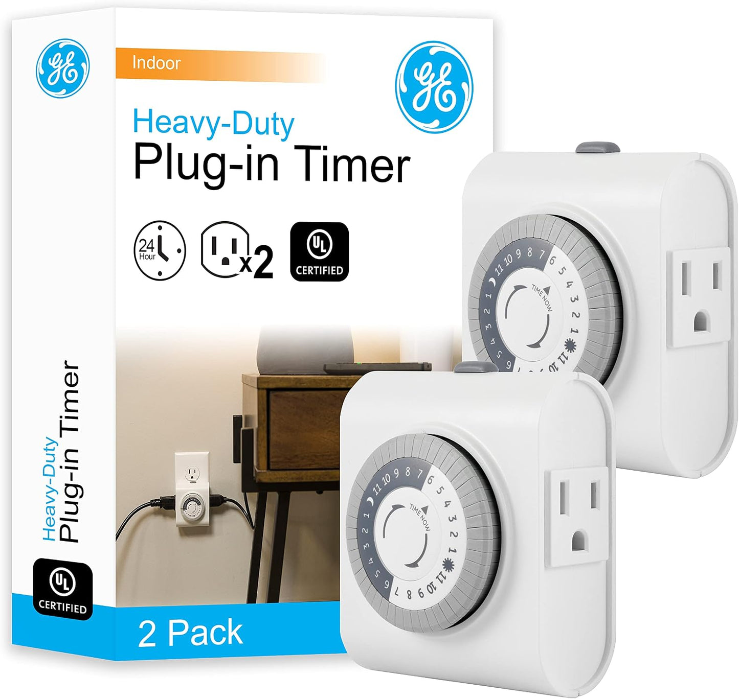 GE 24‑Hour Plug-in Mechanical Timer Outlet, 2 Grounded Outlets, 2 Pack | Plug-in Control for Indoor Lighting, Lamps, Christmas Trees, Manual Override Switch, 30-Minute Intervals