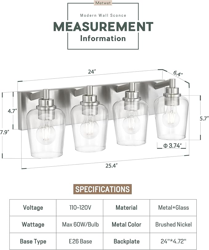 METWET Bathroom Light Fixtures, 4-Light Modern Vanity Light - Image 3