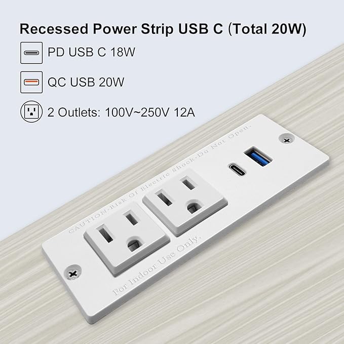 USB C Recessed Power Strip Fast Charge Desktop Power Station 2 Outlets 2 USB - Image 3