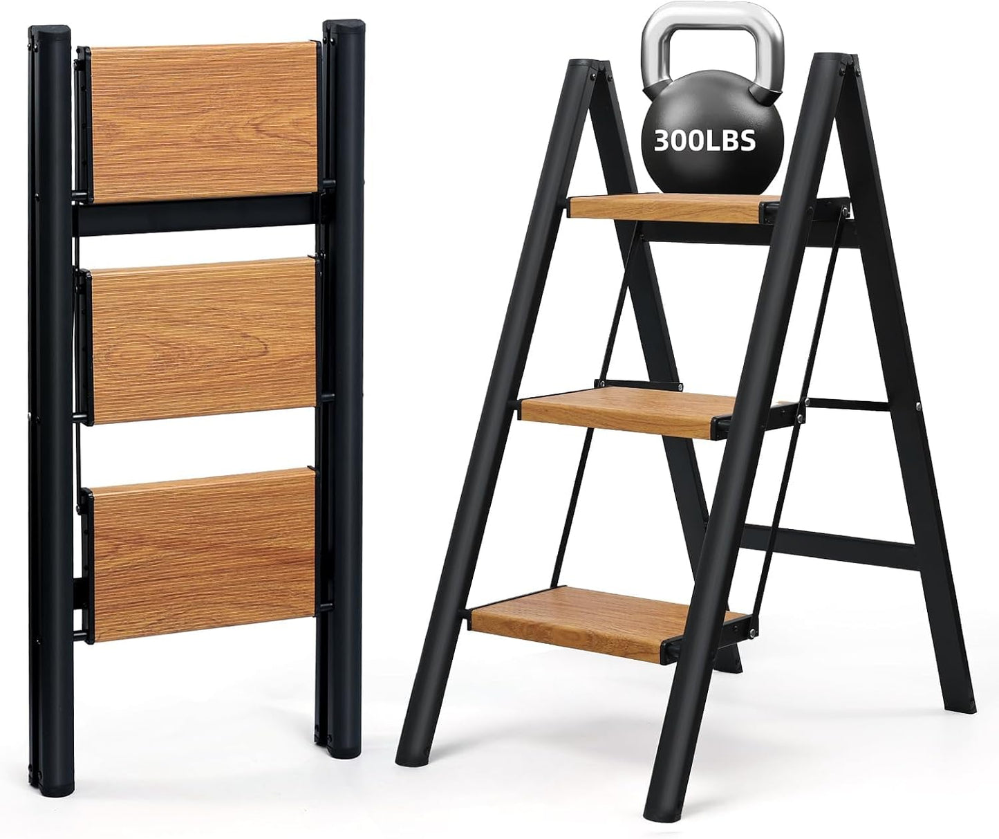 3 Step Ladder, Folding Step Stool, Black & Woodgrain | Wide Anti-Slip Steps and a Foldable, Space-Saving Design for Adults to Use in Kitchens, Closets, Library,300 lbs