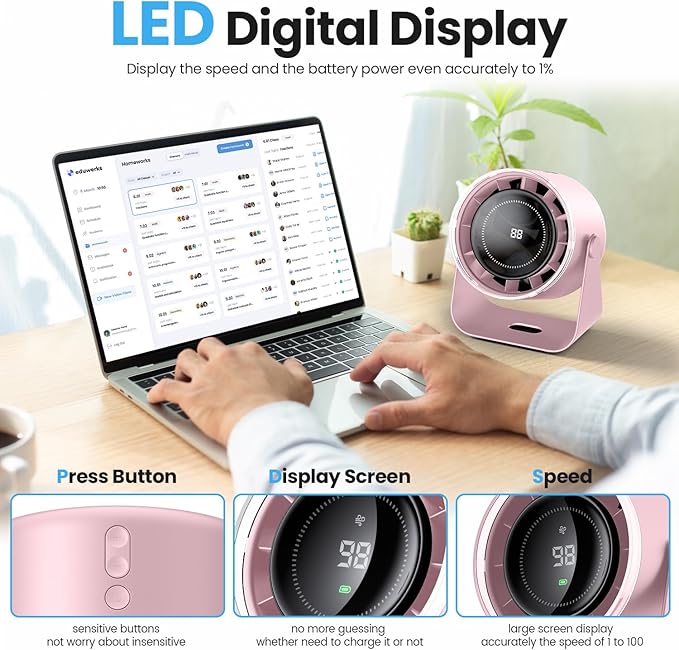 WSKEN Desk Fan with Battery Operated, Quiet Digital Display Portable Fan - Image 2