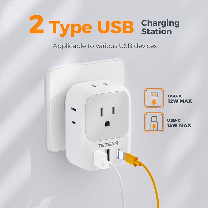 USB Wall Charger, Wall Plug Adapter Outlet Extender, TESSAN 3 Charger Block - Image 3