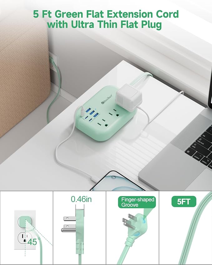 6 USB Green Travel Power Strip- 5Ft Green Extension Cord - Image 5