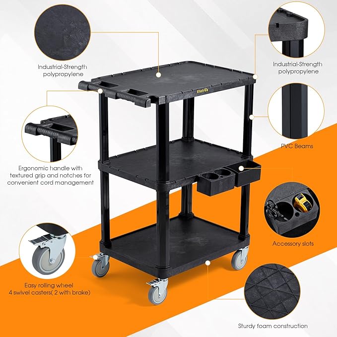 ELAFROS Heavy Duty Utility Cart, 27.5 x 18.25 Inch, 3-Tier Rolling Cart - Image 3