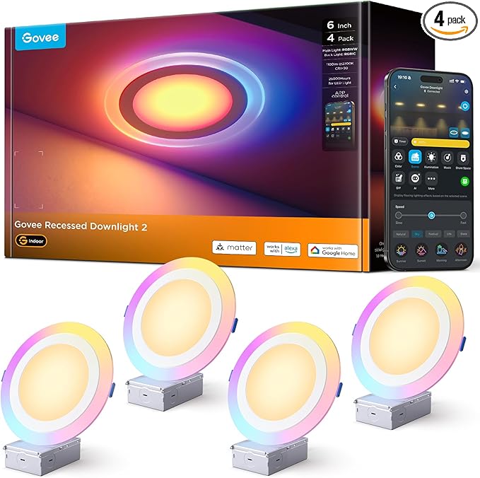 Govee Smart Recessed Lighting 6 Inch, Matter RGBIC LED Recessed Light Work by Govee