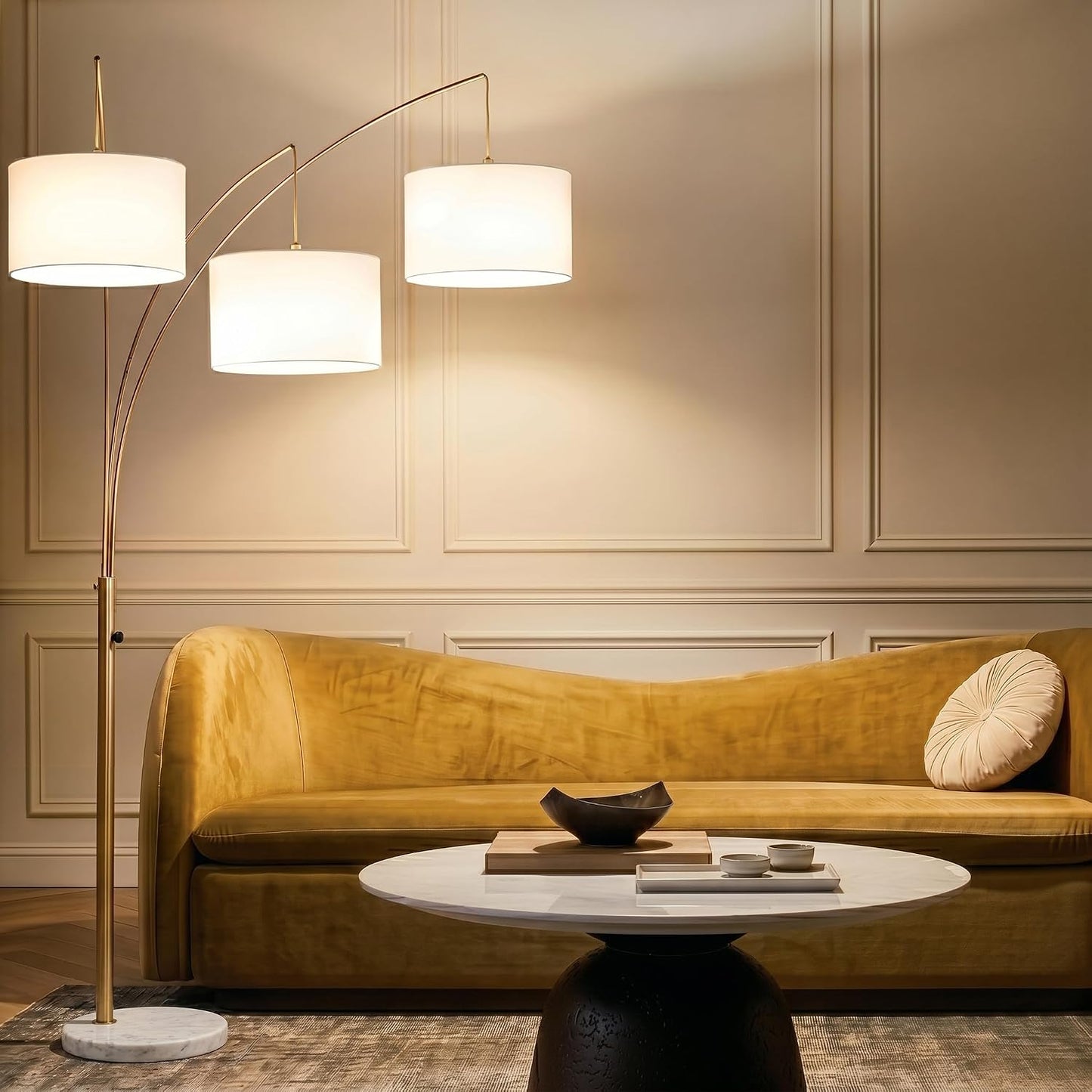 Brightech Trilage Arc Floor Lamp - Large Standing Lamp with 3 Fabric Shades & LED Bulbs for Living Room Over the Sofa, Reading, Multi-Head Traditional Tree Floor Lamp for Bedroom - Brass