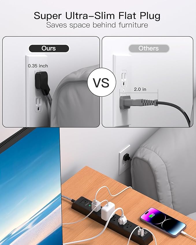 2 Pack Surge Protector Power Strip, 6 Outlets 4 USB Charging Ports, 12Ft - Image 3