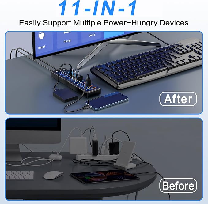 Powered USB Hub, MENKSID 11-Port USB Hub, 7 USB 3.2 Data Transfer Ports + 4 - Image 6