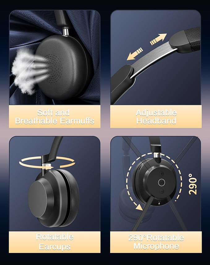 Wireless Headset with Mic for Work-Bluetooth Over Ear Headphones with Microphone - Image 7