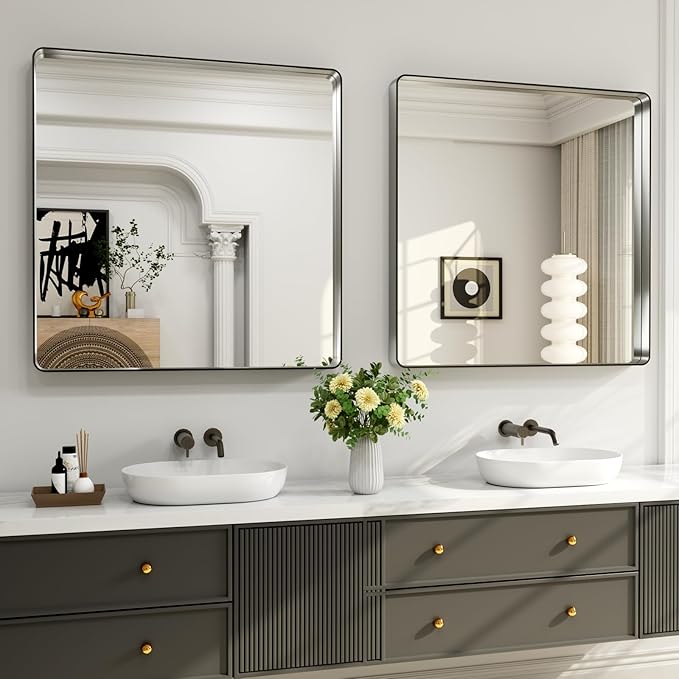 LOAAO 30X30 Inch Brushed Nickel Bathroom Mirror, Rounded Rectangle Silver Metal - Image 4