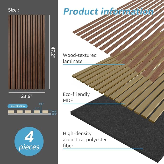 Art3d 4 Pack 47.2 x 23.6in. Wood Slat Acoustic Panels - Image 4