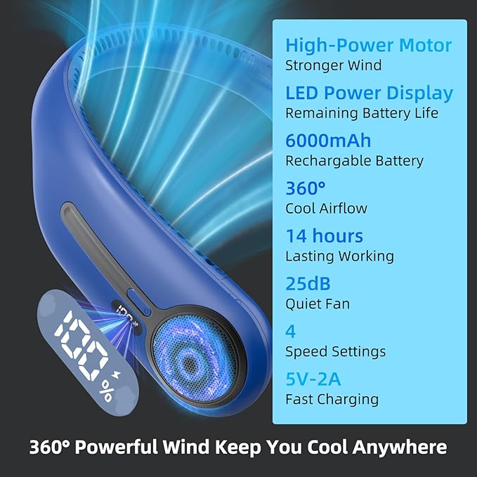 Portable Neck Fan, Hands Free Personal Wearable Bladeless Fan, 6000mAh USB - Image 3