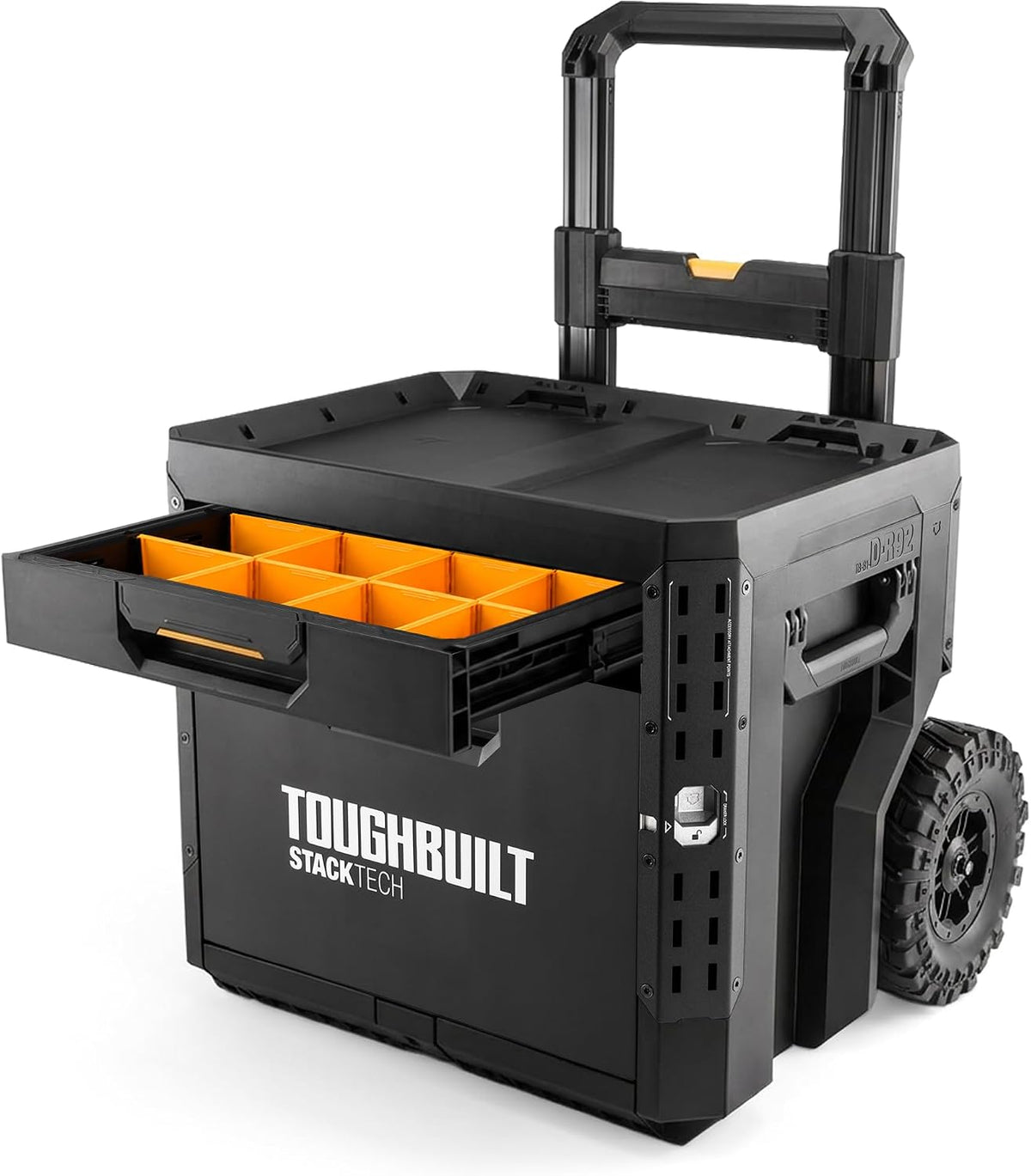 toughbuilt stacktech 2 drawer rolling locking tool box shown in use