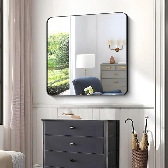 Bathroom Mirror, 42x42 inch Black Square Wall Mirror, Rounded Corner Aluminum - Image 5