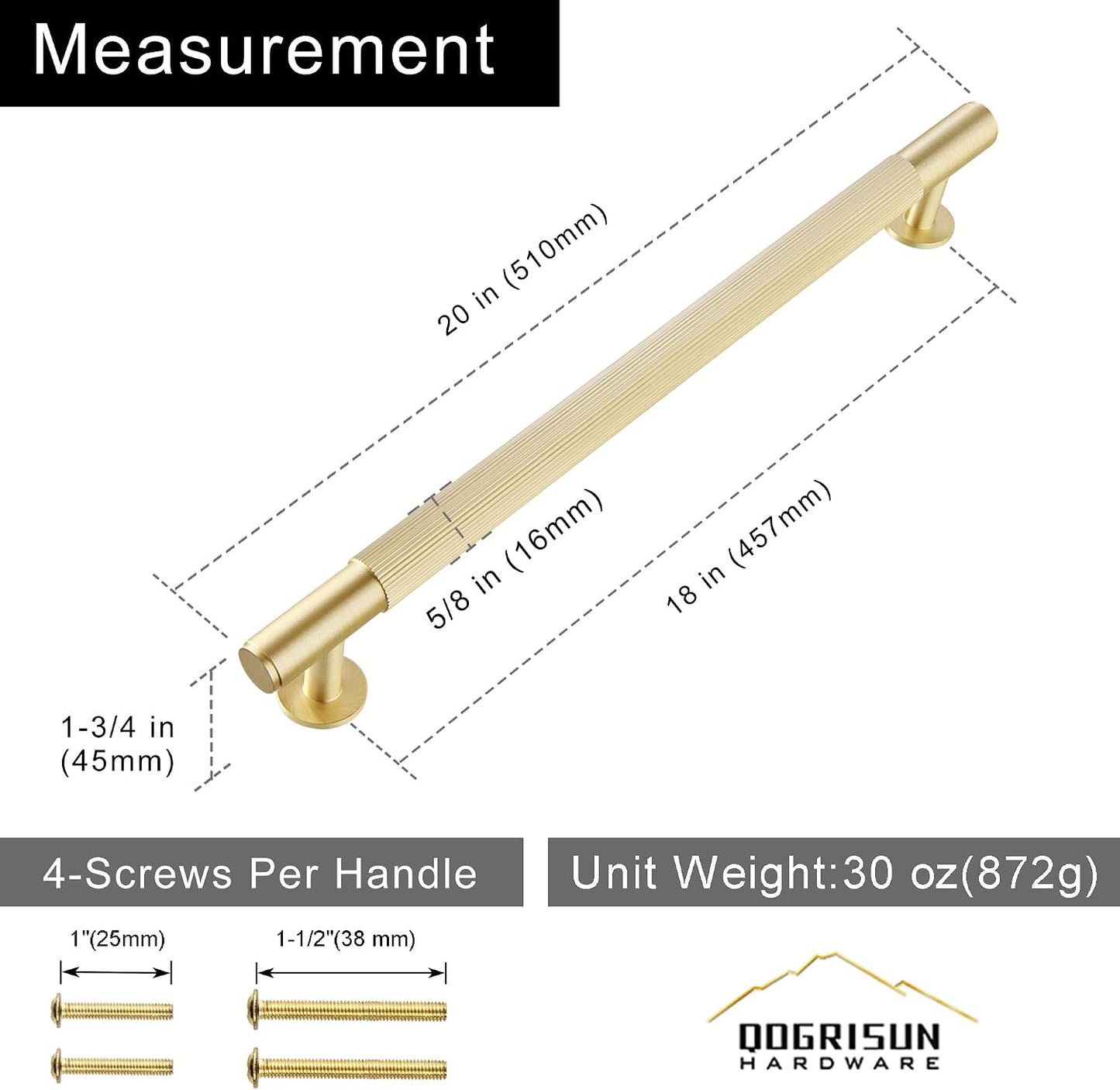 QOGRISUN Solid Brass Appliance Pull 18 Inch, Glod Long Cabinet Handles | Solid Brass, Grooved Texture, Fridge Handle, Refrigerator Pull, Appliance Handle, Heavy Duty, Brushed Brass Finish