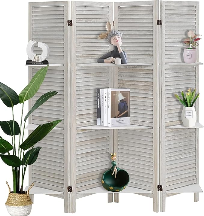 4 Panel Room Divider with Shelves, Room Dividers and Folding Privacy Screens by ZFFURN