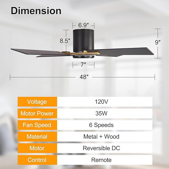 WINGBO 48 Inch Flush Mount Ceiling Fan without Light - Image 5