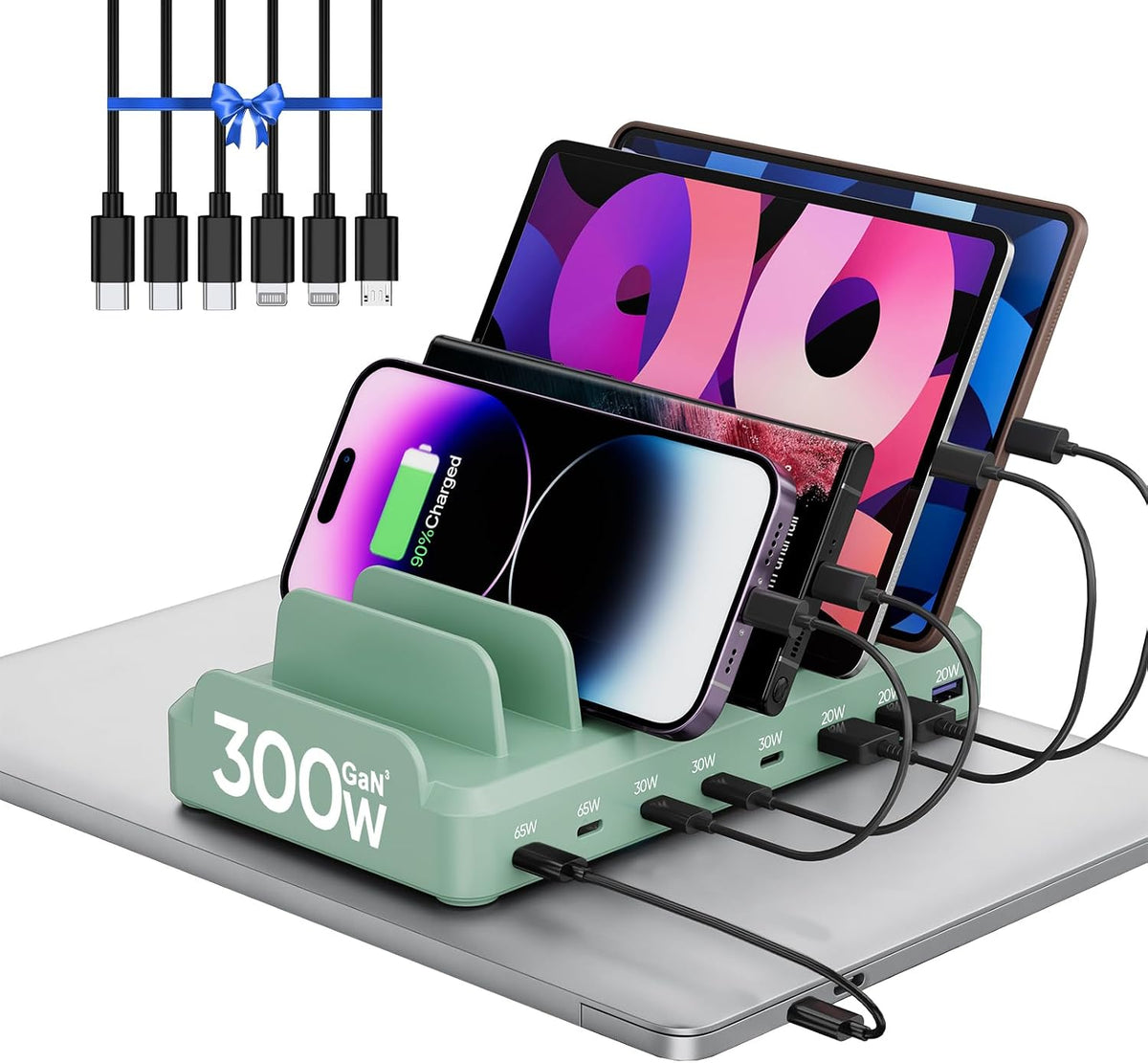 300W Charging Station for Multiple Devices, 8 Port Multi USB C Fast Charger