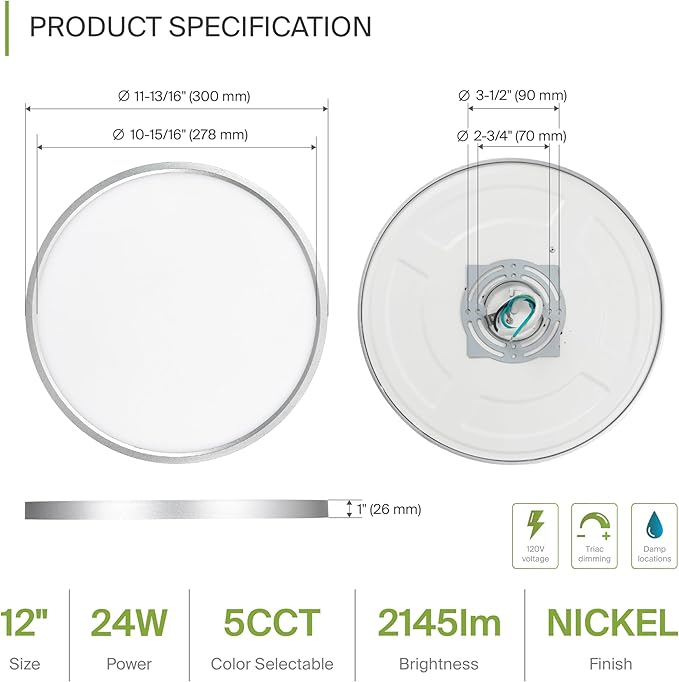 ASD LED 12" Round Flush Mount Ceiling Light Fixture, Low Profile Surface - Image 2