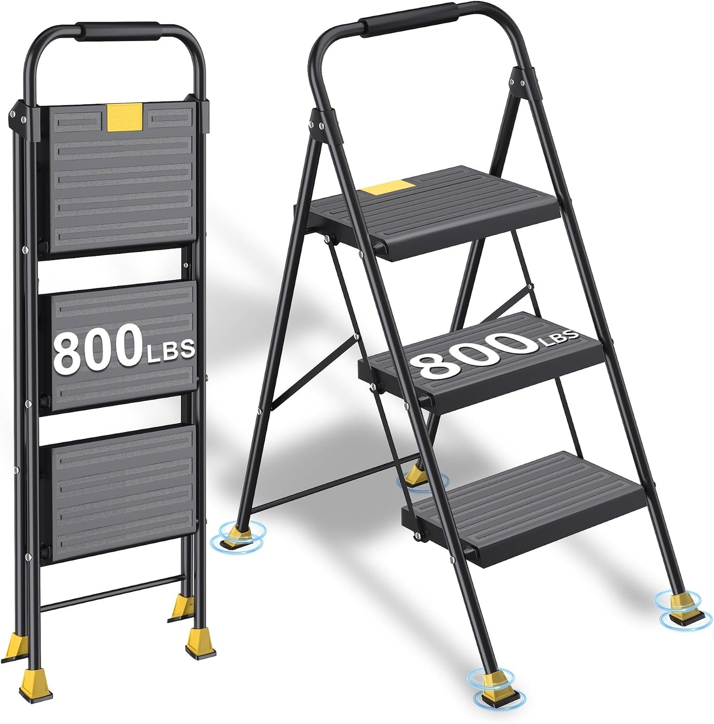 3 Step Ladder Foldable Folding Stool - for Home Adults Kitchen, Iron, Black, Extension Tall Heavy Duty with Handrails - Closet Stepstool Extendable Stepladder for Indoor House 800 lbs