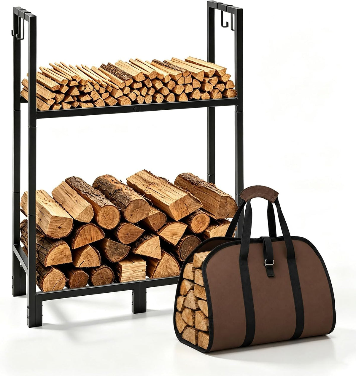 firewood rack indoor outdoor with log carrier, 2-tier, main product view
