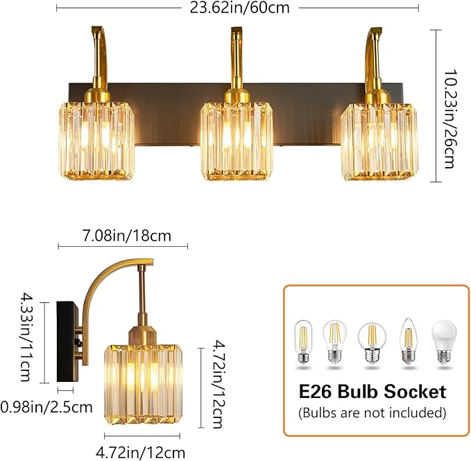 FDPBY Crystal Vanity Lights 3-Light Black Gold Bathroom Vanity Lights Modern - Image 4