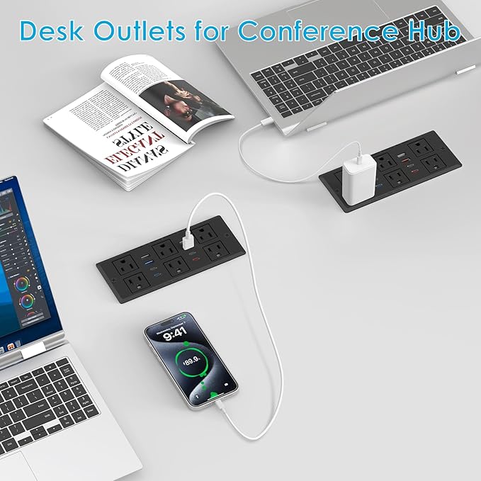 30W Recessed Power Strip USB C, Desk Flush Mount Outlet Plug in 6 AC & 8 USB - Image 6