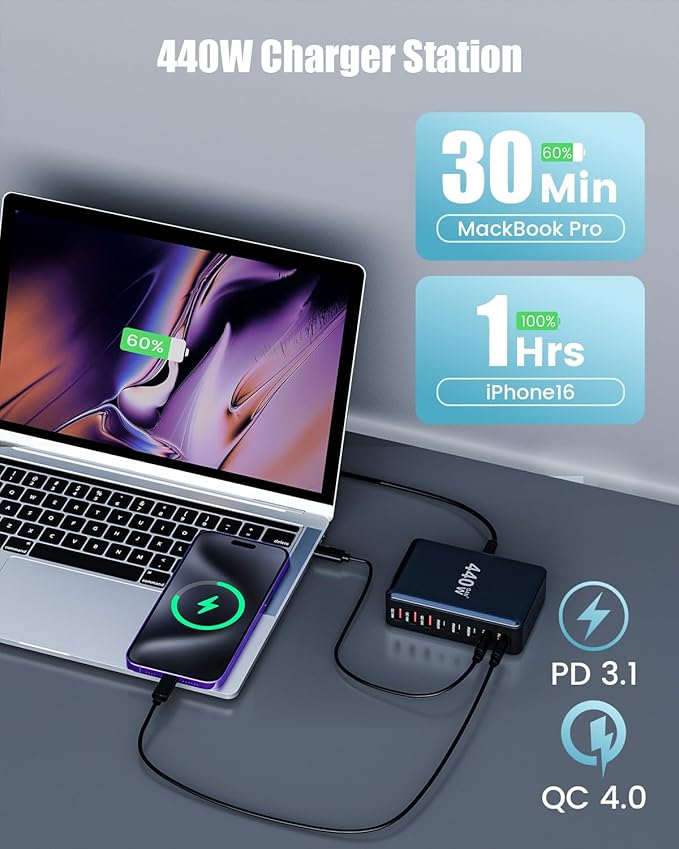 440W USB C Charger Block, 8-Port USB C Charging Station GaN IV Travel - Image 5