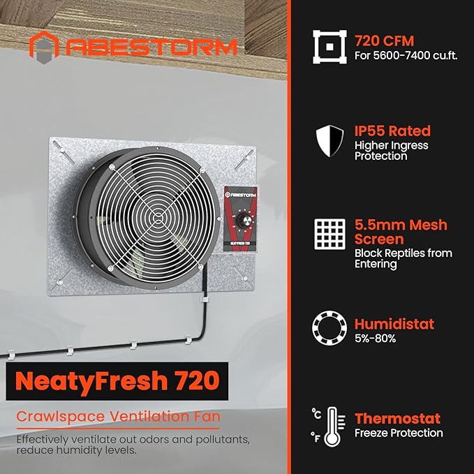 Abestorm 720CFM High Air Flow Crawlspace Ventilation Fan, IP55 Rated 10" Vent - Image 4