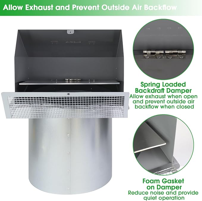 8 Inch Hooded Wall Vent with Screen and Damper, Wall Exhaust Vent Cover Cap - Image 4