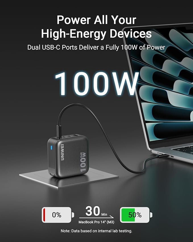 UNIWEI 100W USB C Charger Block, 4-Port GaN and Ultra-Compact Wall Adapter - Image 3