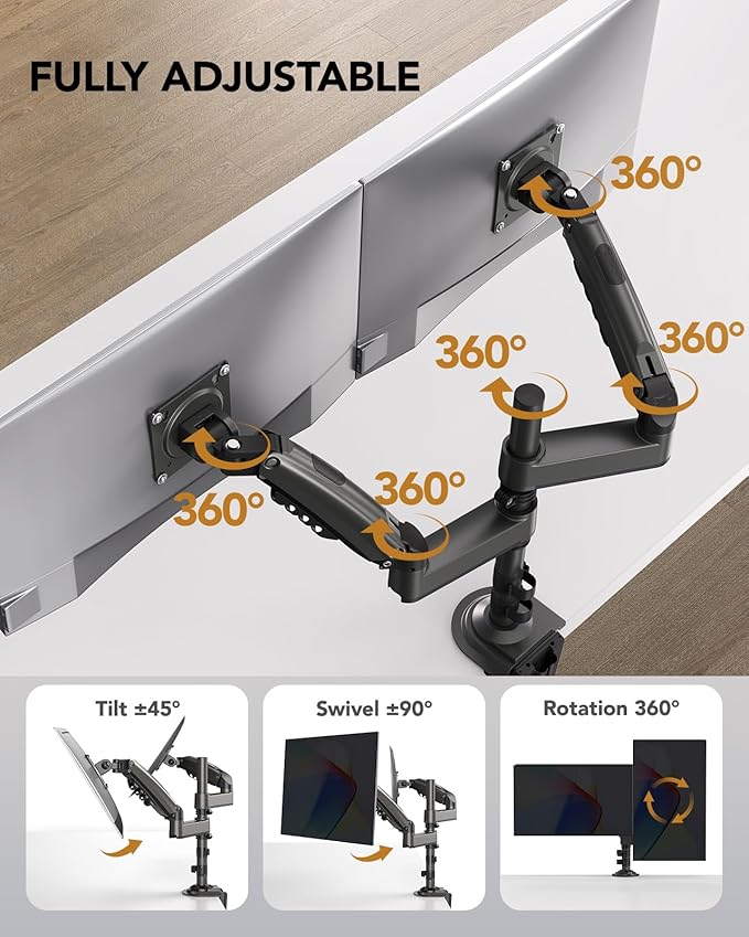HUANUO 13-32 Inch Dual Monitor Stand, NITROGLIDE™ Dual Monitor Mount, Monitor - Image 4