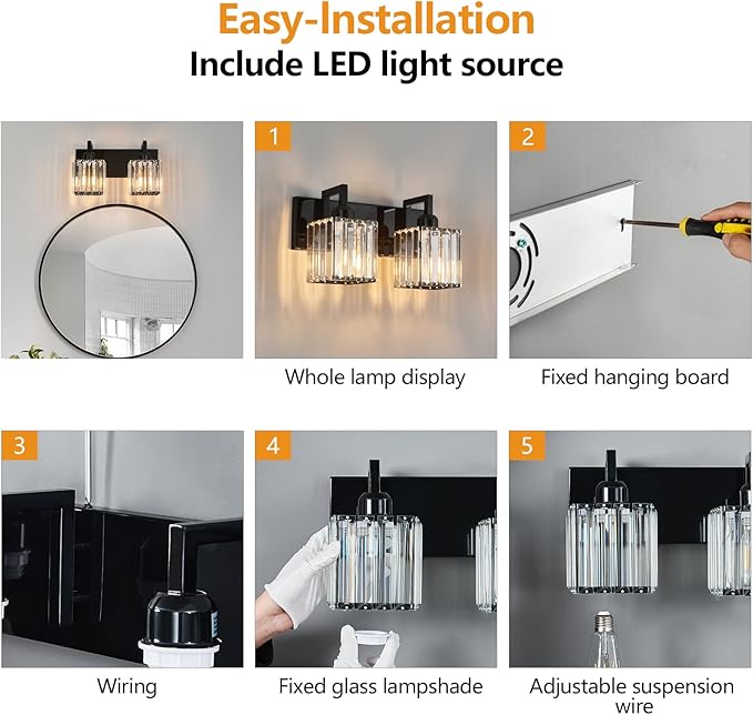 FDPBY Modern Bathroom Vanity Light 2-Lights Plating Black Vanity Light Crystal - Image 7