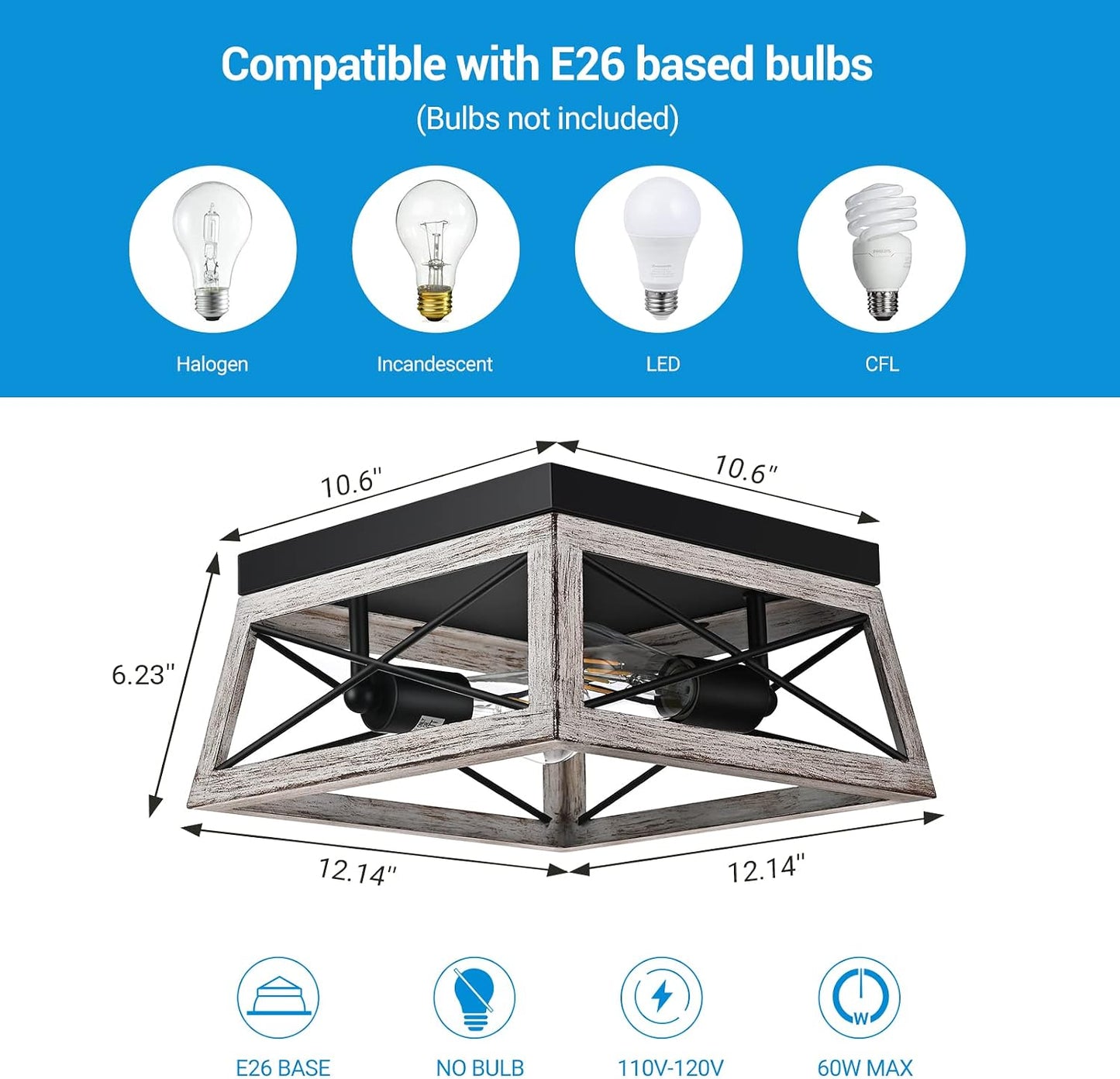 DEWENWILS Farmhouse Flush Mount Ceiling Light, Metal Light Fixture with Wood Grain Finish, 2-Lights Hallway Light Fixture Ceiling Mount for Entryway, Foyer, Dining Room | 2-Lights, Hardwired, E26 Base, Open-Caged, Metal Fixture for Kitchen, Hallway