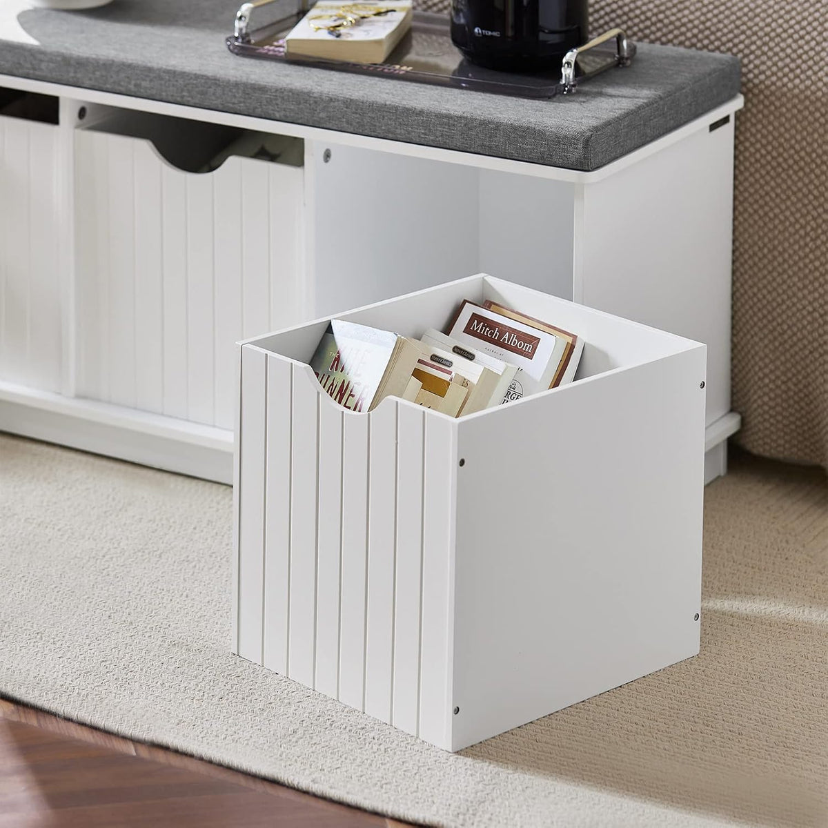 haotian white storage bench with drawers & seat, front angle view