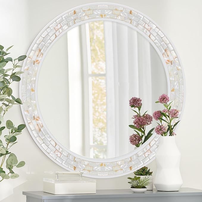 Tanmicoshomy Round Wall Mirror 30 Inch, Natural Shell Framed Circle Mirrors - Image 2